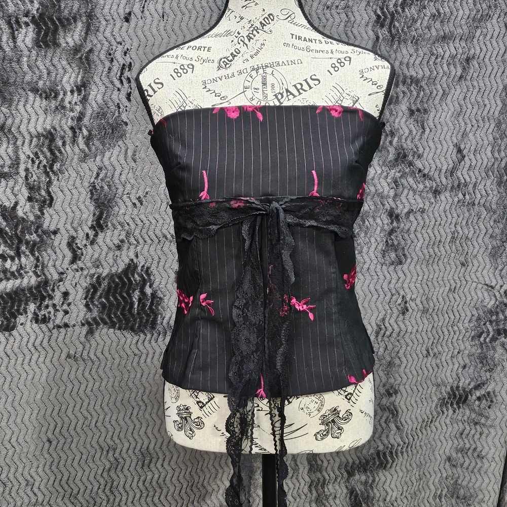 Vtg Corset Crop Top Womens M Lace Halter Floral‎ Pinstripe Steampunk Whimsigoth